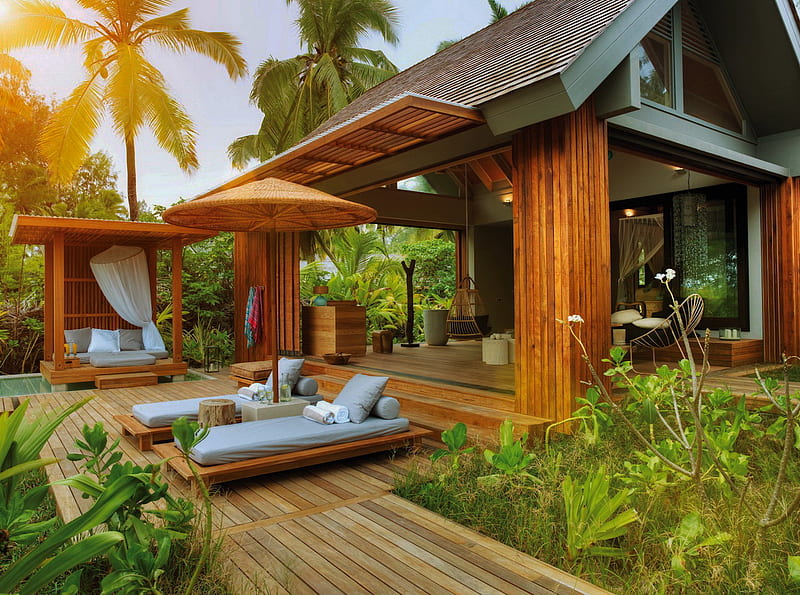 Seychelles Spa, palmtrees, seychelles, sun, plants, spa, beds, trees, pillows, HD wallpaper