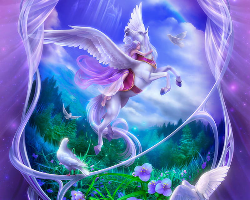 Pegasus, scenic, plant, magic, wing, animal, sweet, nice, fantasy, anime, hot, anime girl, forest, female, wings, cloud, lovely, sky, sexy, horse, pigeon, cute, tree, girl, bird, flower, dove, scene, field, HD wallpaper