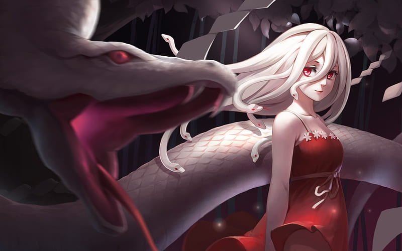 Medusa, red, fantasy, monogatari, girl, anime, white, snake, HD wallpaper |  Peakpx