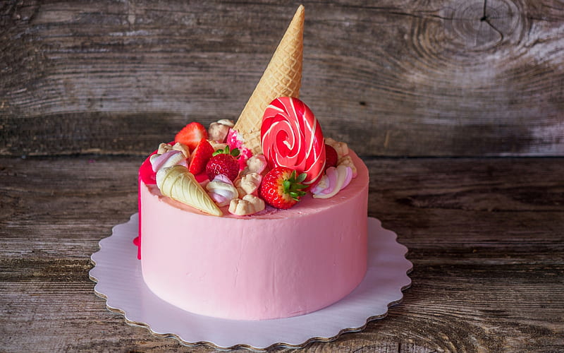 Birtay, pink cake, sweets, strawberry cake, pink cream, HD wallpaper