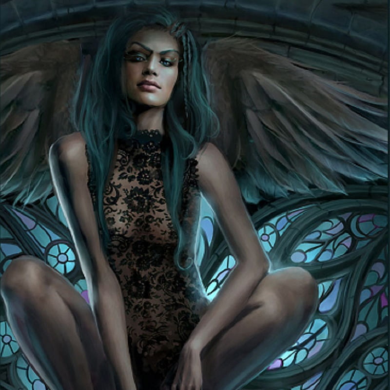 Cathedral Blue, female, wings, lace, angel, windows, demon, fantasy, arch, blue, HD wallpaper