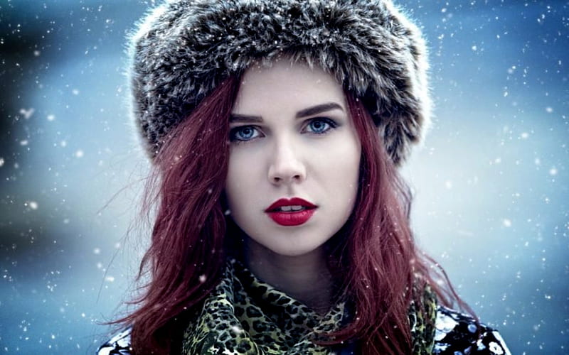 Winter Redheaded Woman, Woman, Hat, Redhead, Winter, Fur, HD wallpaper