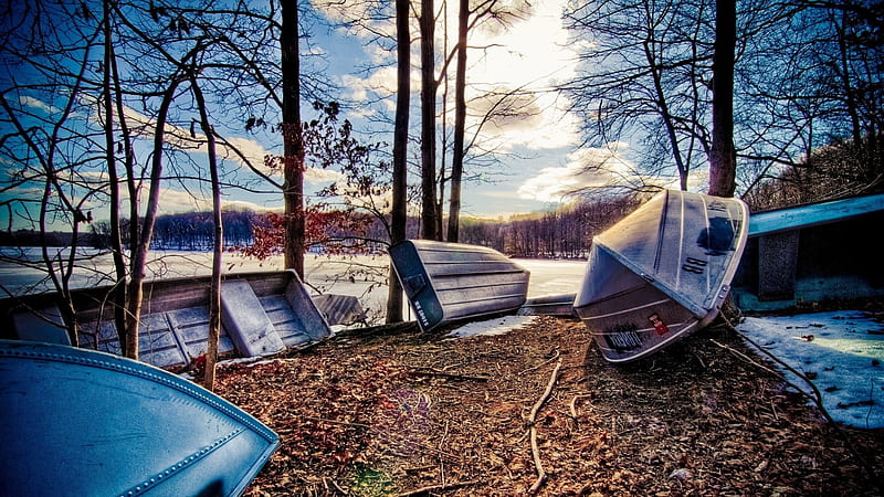 row boats on shore by a frozen lake r, shore, boats, r, trees, frozen, lake, HD wallpaper