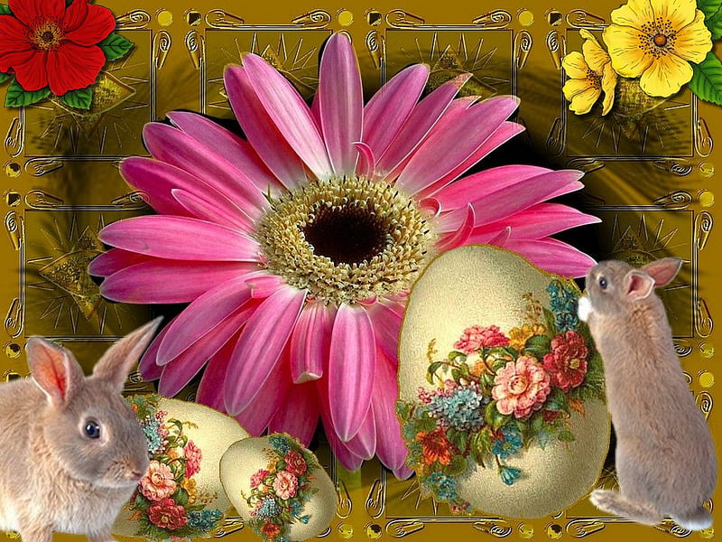 Happy Easter, holiday, happy eastern, eggs, flowers, rabbits, bunny, HD wallpaper