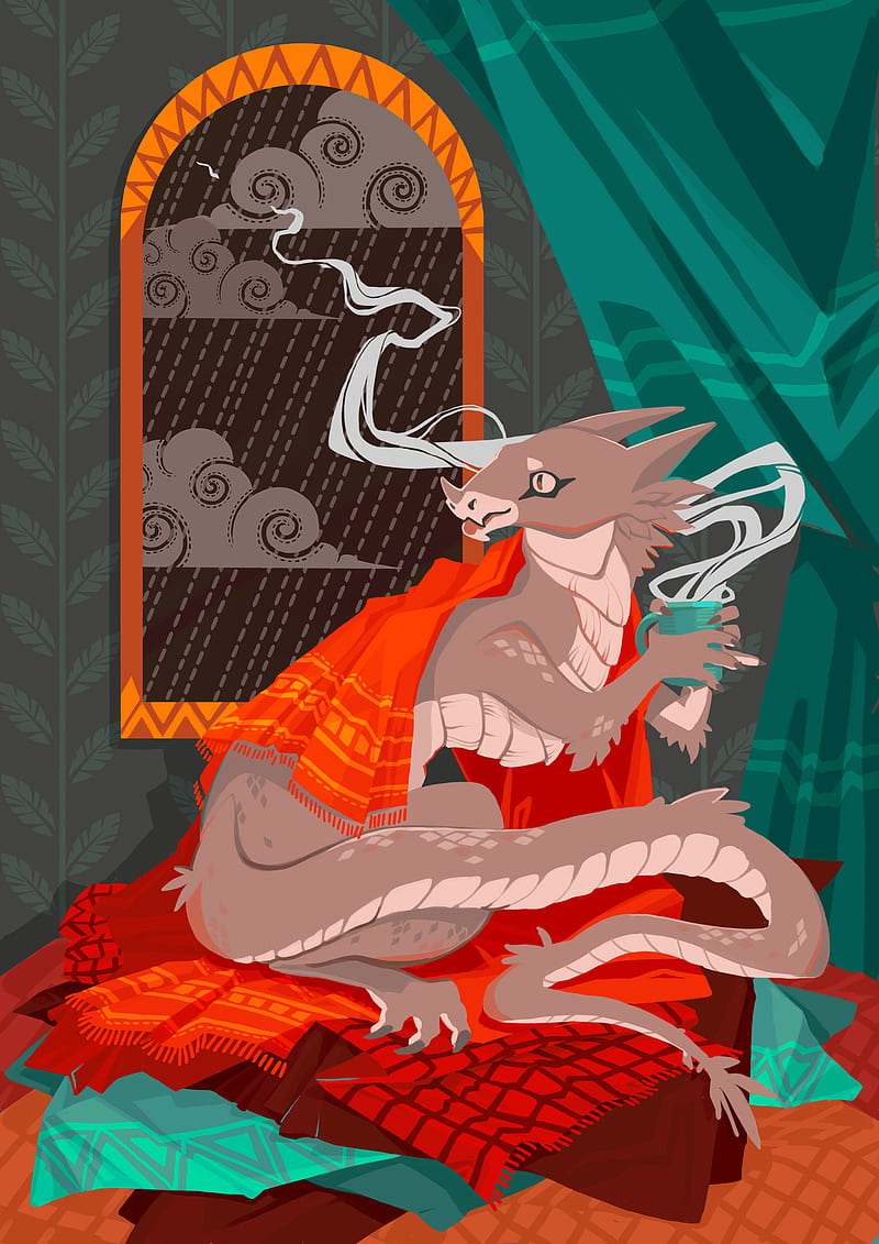 Anna Marukhnich, illustration, dragon, castle, curtains, smoke, teal, orange, tea, HD phone wallpaper