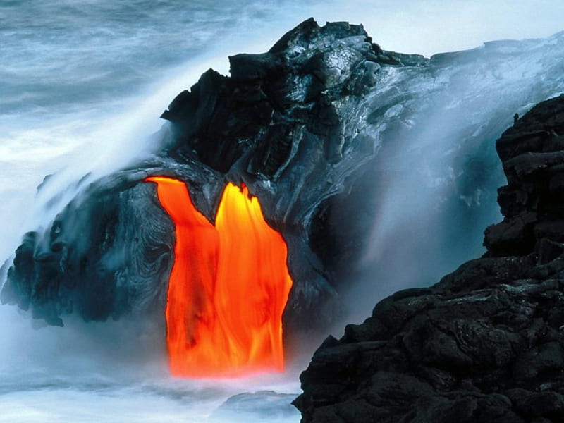 lava vs water, fire, nature, vilcano, HD wallpaper