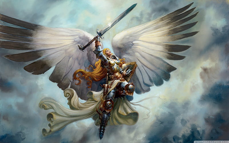 archangel, warrior, angel, painting, wing, sword, HD wallpaper