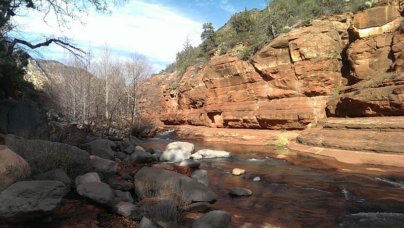 Sedona, Arizona (Slide Rock), Water, Rock, Trees, Sky, Slide, Sedona, Arizona, Nature, HD wallpaper