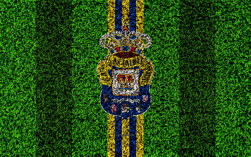 UD Las Palmas logo, football lawn, Spanish football club, yellow blue lines, grass texture, emblem, La Liga, Las Palmas de Gran Canaria, Spain, football, Las Palmas FC, HD wallpaper