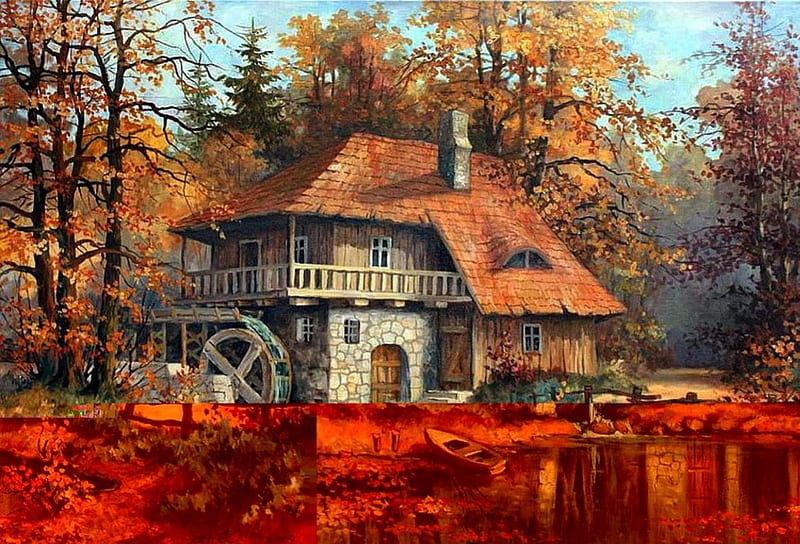 Watermill, autumn, house, boat, painting, trees, lake, HD wallpaper