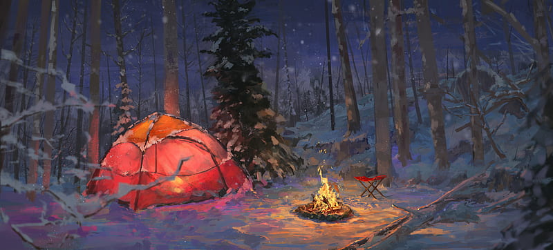 Artistic, Camping, Camp Fire, Forest, Night, Snow, Tent, HD wallpaper