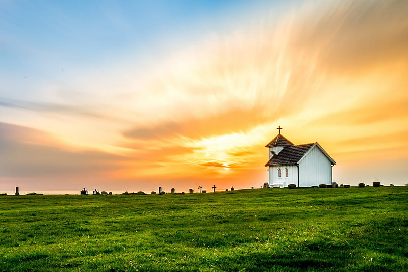 Sacred Ground, grass, yellow, bonito, sunset, church, sky, clouds, green, cross, field, blue, HD wallpaper