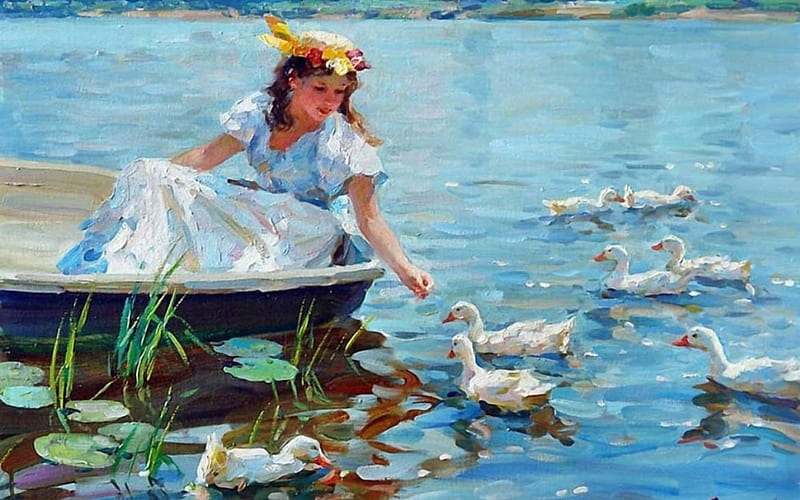 sunday afternoon, boat, duck, girl, lake, HD wallpaper