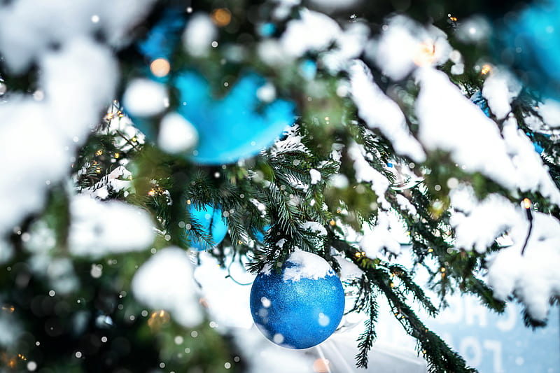 tree, snow, decoration, baubles, new year, christmas, HD wallpaper