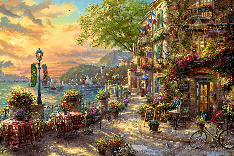 French Riviera Café, lanterns, house, tables, bicycle, sunset, sky, clouds, artwork, sea, boats, painting, chairs, flowers, HD wallpaper