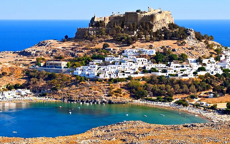 Lindos Castle, Rhodes Island, Greece, Water, Greece, Castle, Island, HD wallpaper