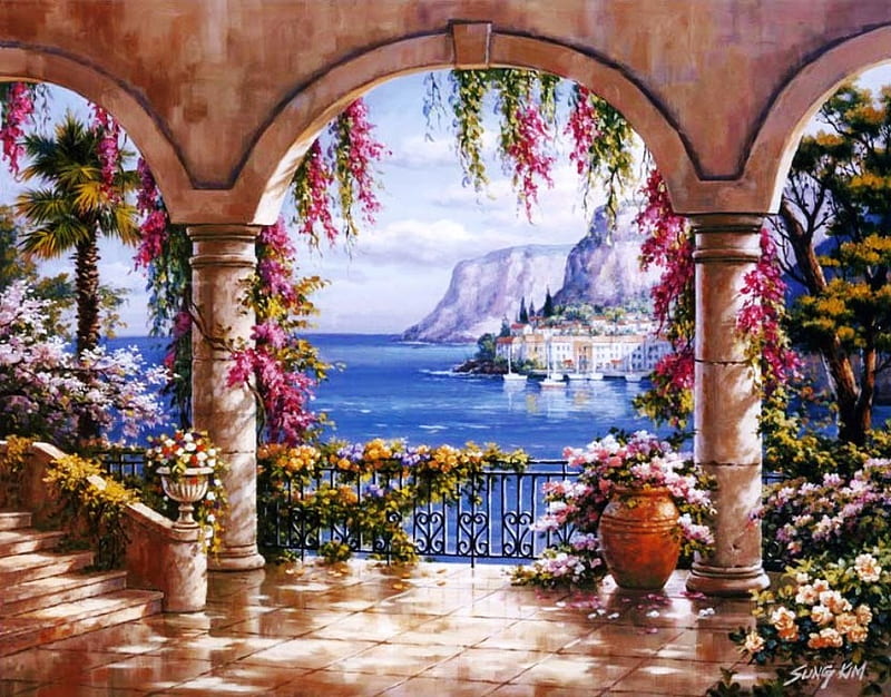 Terrace arch, architecture, mediterranean, sun, view, relaxing place, colors, terrace, sea, water, arch, painting, summer, flowers, beauty, nature, HD wallpaper