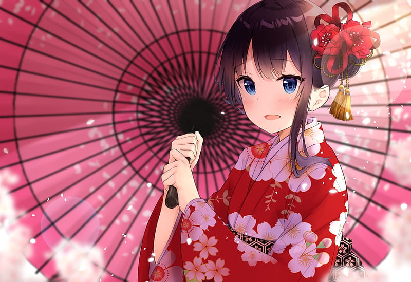 :), parasol, girl, haru, anime, manga, umbrella, kimono, HD wallpaper
