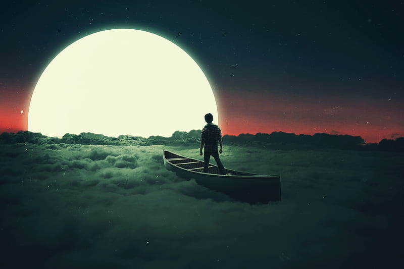 boy, beyond the clouds, moon, surrealism, boat, dreamy, Fantasy, HD wallpaper