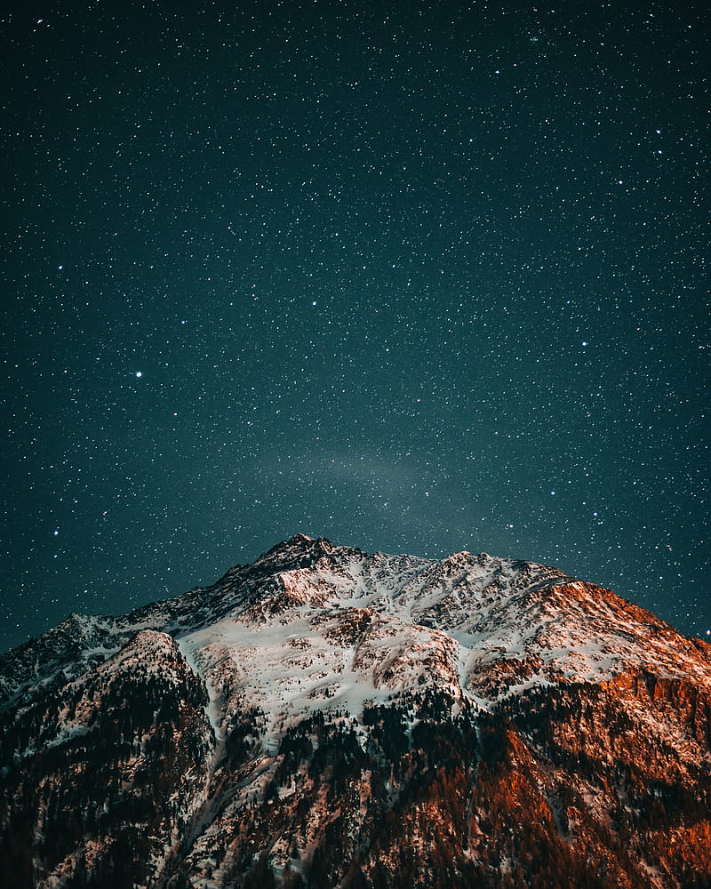 mountains, starry sky, peaks, snow, night, HD phone wallpaper