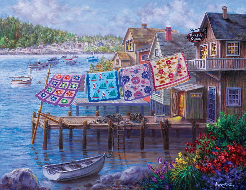 WATER HOUSE, QUILT, HOMES, COUNTRY, FRONT, Nicky Boehme, WATER, HD wallpaper