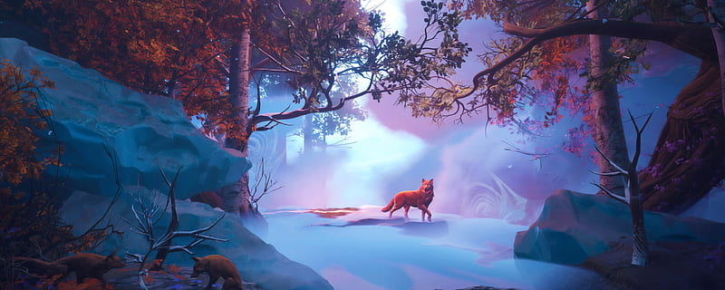 Wolf In Red Magical Woods, Dual Monitor Wolf, HD wallpaper