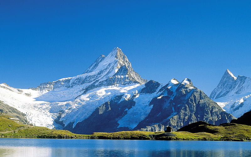 Alps, lake, mountains, summer, hut, Europe, HD wallpaper