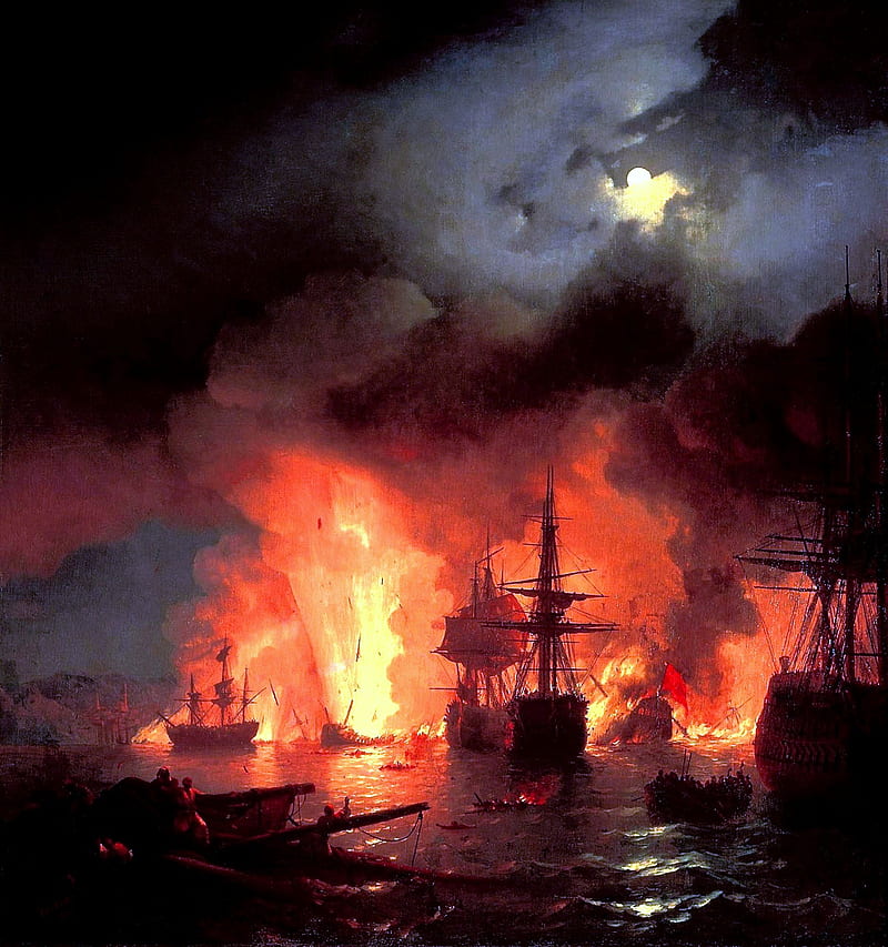 Ivan Aivazovsky, battle, battle of chesme, burning, ship, painting, oil painting, battle painting, HD phone wallpaper