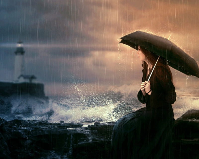 Dark and Rainy, art, fantasy, watch tower, woman, sea, rainy, HD wallpaper