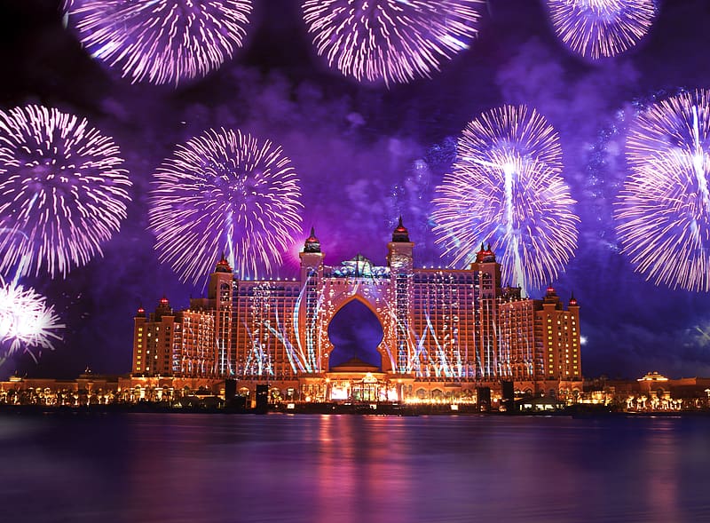 Night, Light, Dubai, Colors, Fireworks, Celebration, Hotel, Atlantis Hotel, , Atlantis The Palm, HD wallpaper