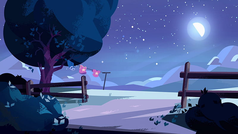 Steven Universe Purple Landscape With Wooden Barricade On Sides And Clothes Drying On Rope Near A Tree With Background Of Blue Sky Half Moon And Stars During Night Time Movies, HD wallpaper