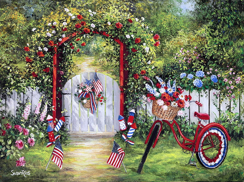 Red, white and blue, door, flags, garden, flowers, bicycle, Painting, HD wallpaper