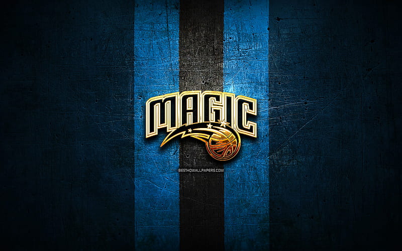 Orlando Magic, golden logo, NBA, blue metal background, american basketball club, Orlando Magic logo, basketball, USA, HD wallpaper