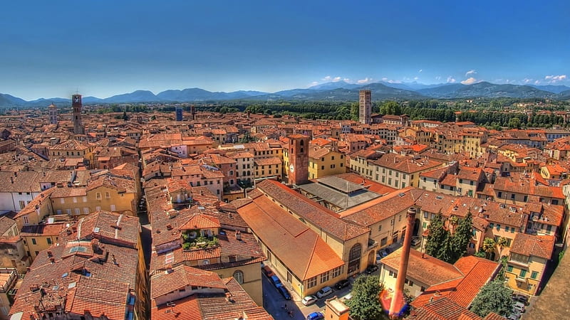 superb roofs in an italian city, red, city, roofs, mountains, streets, HD wallpaper