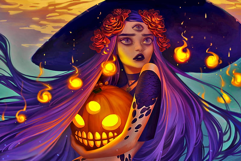 All Hallow's Eve, witch, fantasy, halloween, pumpkin, magic, HD wallpaper