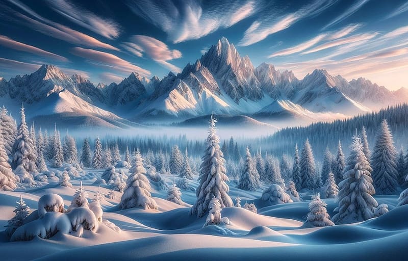 Beautiful winter landscape, ho, hegyek, tel, nyugodt, tajkep, teli, havas fenyok, gyonyoru termeszet, havas hegyek, fak, termeszet, erdo, havas, HD wallpaper