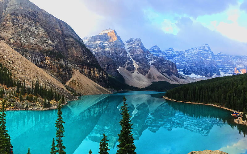 Moraine Lake sunrise, Banff National Park, blue lake, North America, mountains, Canada, HD wallpaper