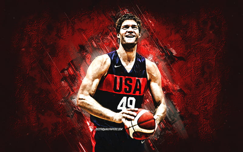 Brook Lopez, USA national basketball team, USA, American basketball player, portrait, United States Basketball team, red stone background, HD wallpaper