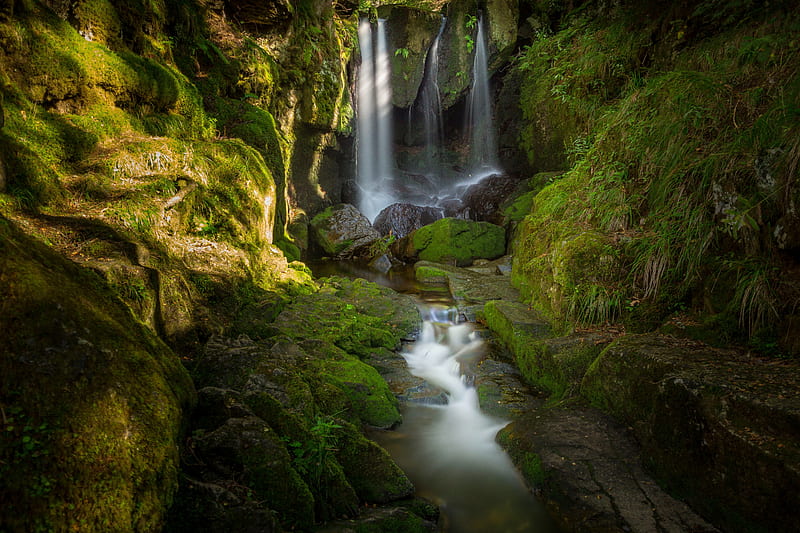 waterfall, stones, moss, water, stream, HD wallpaper