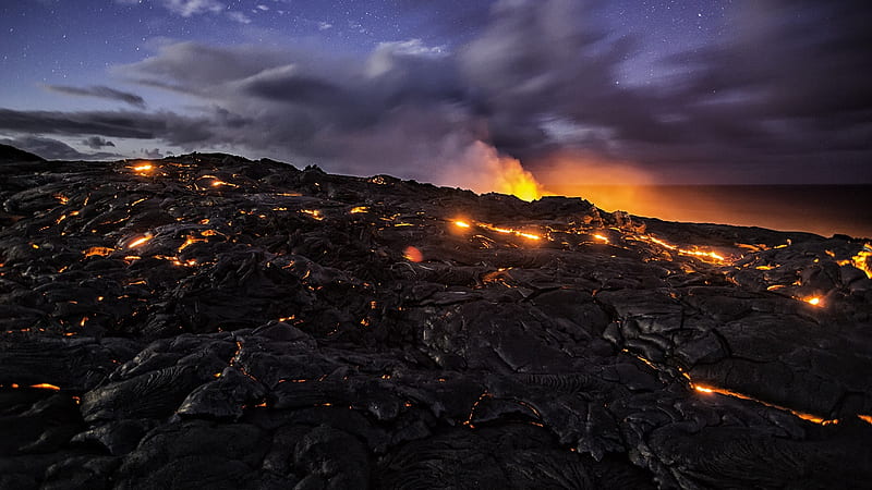lava flow under stars, rocks, fire, stars, flow, lava, smoke, sea, HD wallpaper