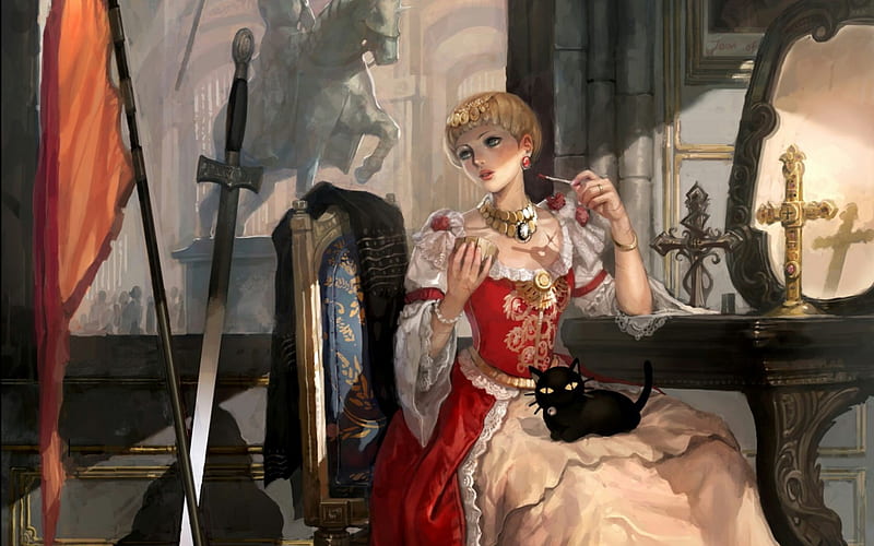 Joan of Arc, red, art, game, black, woman, fantasy, girl, cross, sword, HD wallpaper
