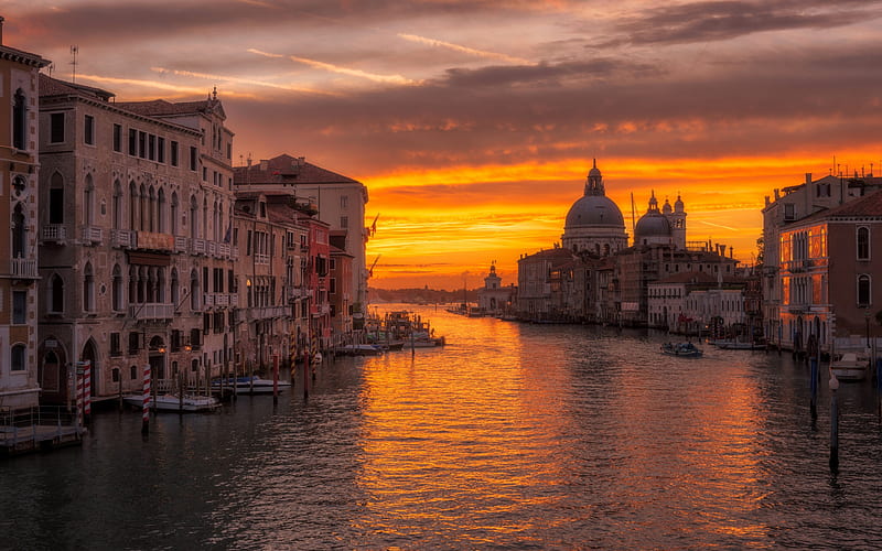 Venice, Santa Maria della Salute, basilica, Baroque architecture, cityscape, sunset, Italy, HD wallpaper