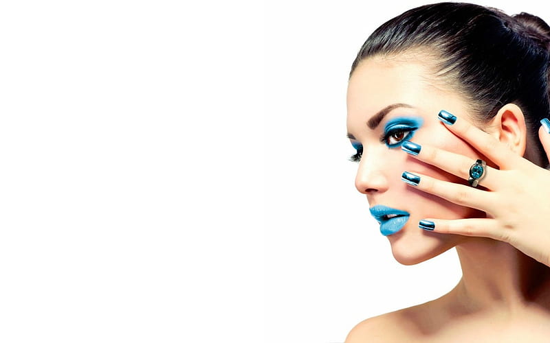 Beauty, model, nails, woman, anna subbotina, girl, hand, face, white, blue, HD wallpaper