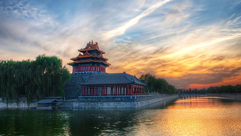 Forbidden City, tree, city, river, r, clouds, sky, asia, HD wallpaper