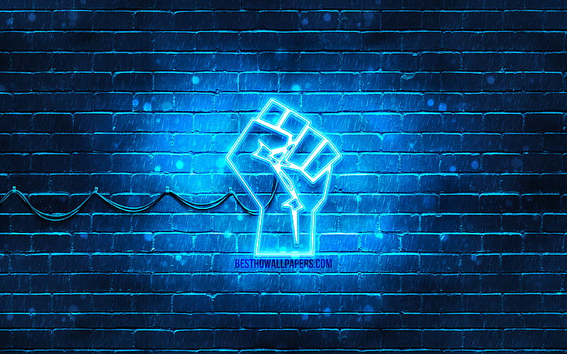 Raised fist neon icon blue background, power concepts, neon symbols, Raised fist, neon icons, Raised fist sign, people signs, Raised fist icon, people icons, HD wallpaper