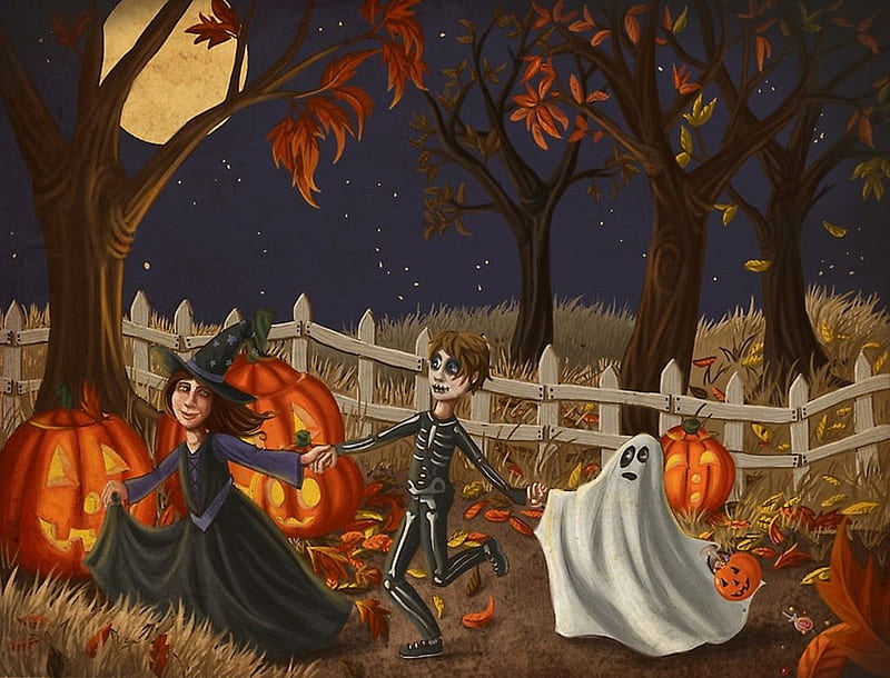 Trick or Treat, witch, skeleton, ghost, halloween, artwork, pumpkins, HD wallpaper