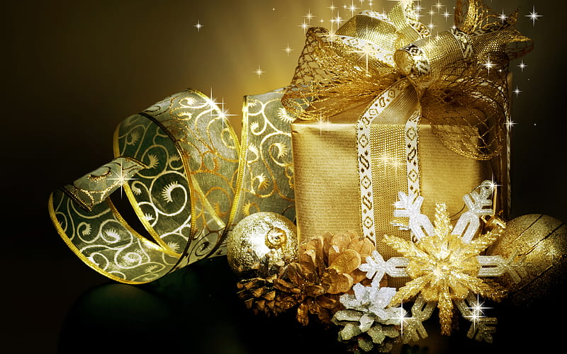 New Year golden gift box, 2018, Christmas, golden ribbons, cones, concepts, HD wallpaper