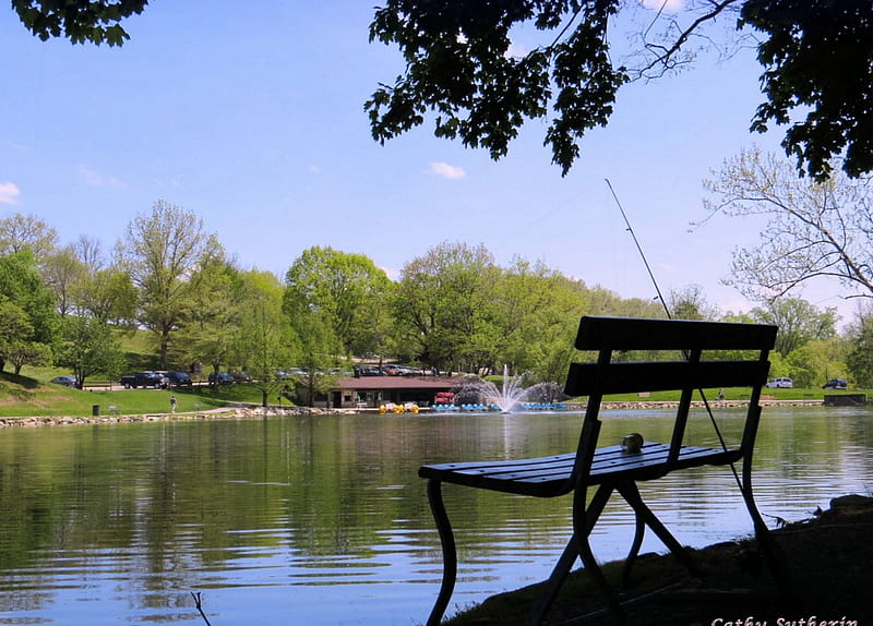 Bench by the Lake, rest, seat, bench, spring, calm peaceful, lake, calm, water, peaceful, nature, relaxation, blue, HD wallpaper