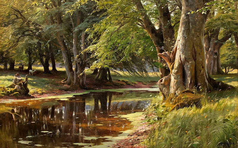 danish artist, forest stream, 1908, HD wallpaper