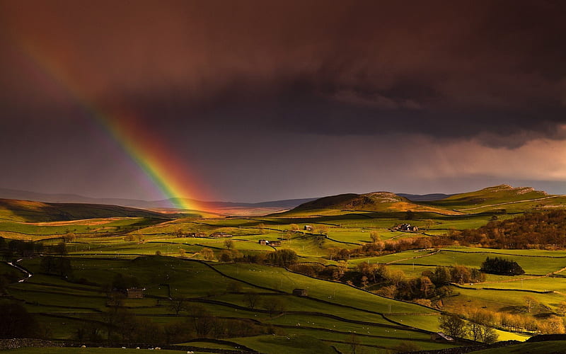 gorgeous rainbow over farmlands, farms, fields, rainbow, clouds, HD wallpaper